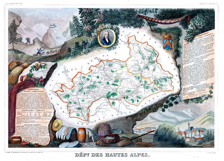 Carte des Hautes-Alpes des 1851 - gravure reproduite et restaurée numériquement par © Norbert Pousseur