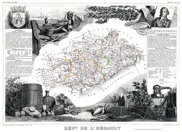 Carte de Levasseur de l'Hérault en 1847 - gravure reproduite et restaurée numériquement par © Norbert Pousseur