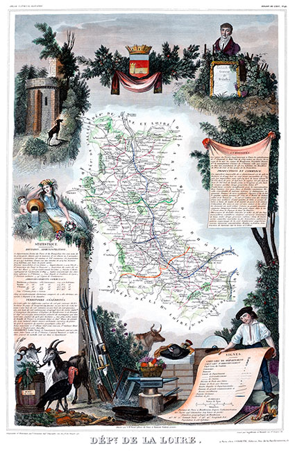 Carte du département de la Loire vers 1840 par Levasseur - gravure reproduite et restaurée numériquement par © Norbert Pousseur