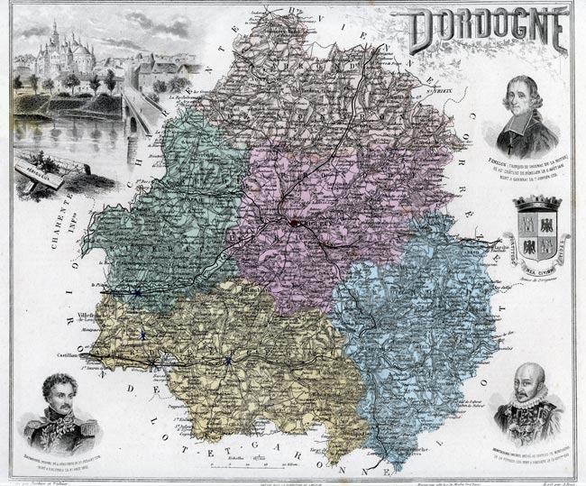 Carte du département de la Dordogne en 1883 - gravure reproduite et restaurée numériquement par © Norbert Pousseur