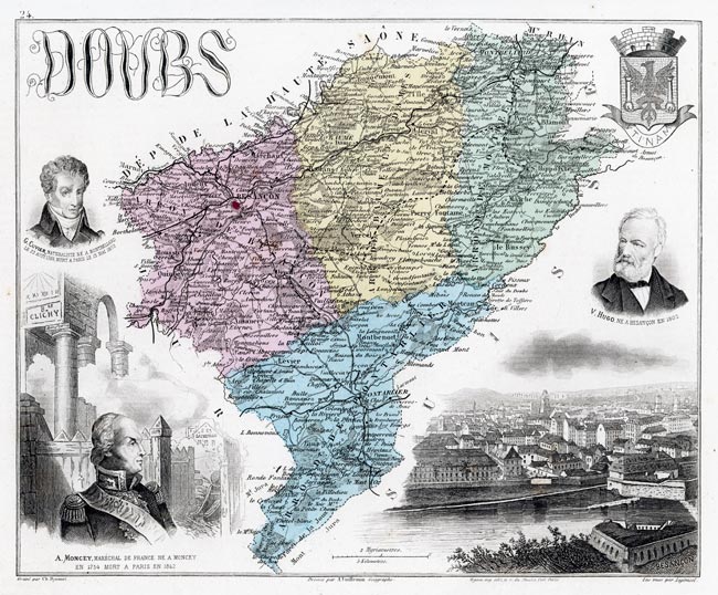 Carte du département du Doubs en 1883 - gravure reproduite et restaurée numériquement par © Norbert Pousseur