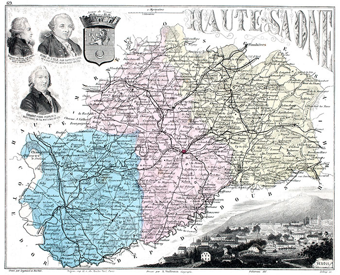 Carte du département de la Haute Saône en 1883, reprographie Norbert Pousseur