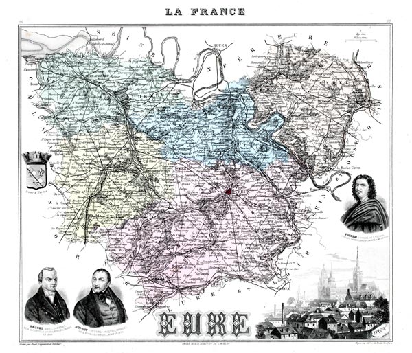 Carte du département de l'Eure en 1883 - Vuillemin - gravure reproduite et restaurée numériquement par © Norbert Pousseur