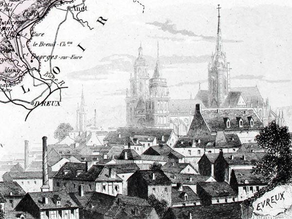 Gravure de la ville d'évreux, en 1883 - Reproduction Norbert Pousseur