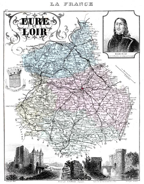 Carte du département d'Eure et Loir en 1883 - Vuillemin - gravure reproduite et restaurée numériquement par © Norbert Pousseur