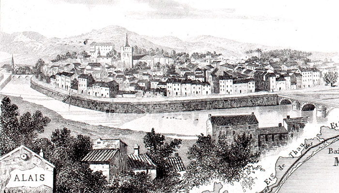 Gravure de la ville d'Alais, en 1883 - reproduction © Norbert Pousseur