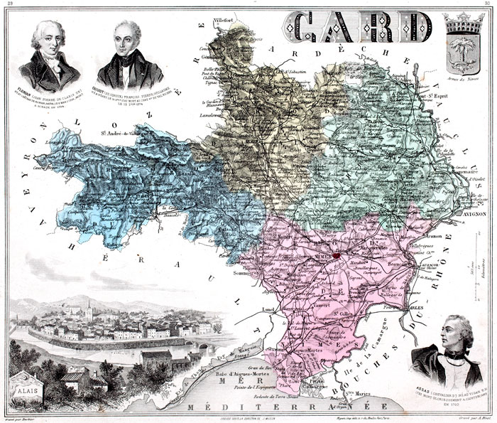 Carte du département du Gard en 1883 - gravure reproduite et restaurée numériquement par © Norbert Pousseur