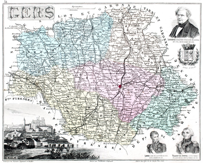 Carte du département du Gers en 1883 - gravure reproduite et restaurée numériquement par © Norbert Pousseur