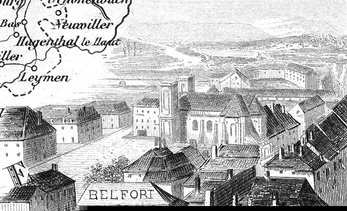 Gravure de la ville de Belfort, en 1883 - gravure reproduite et restaurée numériquement par © Norbert Pousseur