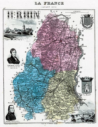 Carte du département du Haut Rhin en 1883 - gravure reproduite et restaurée numériquement par © Norbert Pousseur