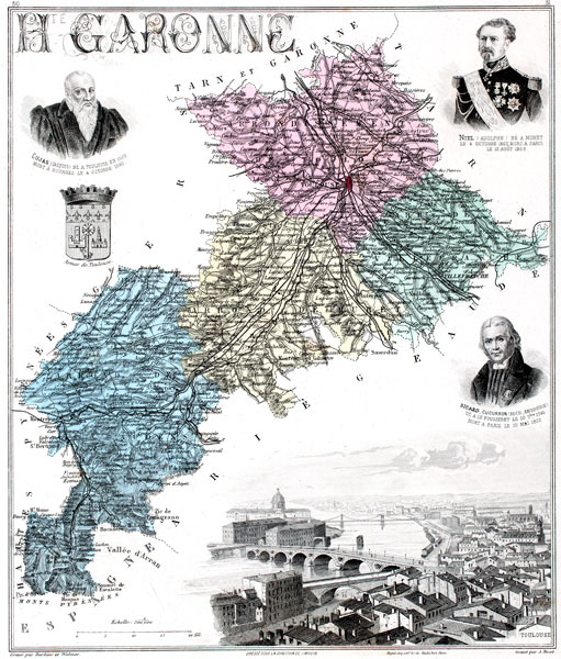 Carte du département de la 
Haute Garonne en 1883 - gravure reproduite et restaurée numériquement par © Norbert Pousseur