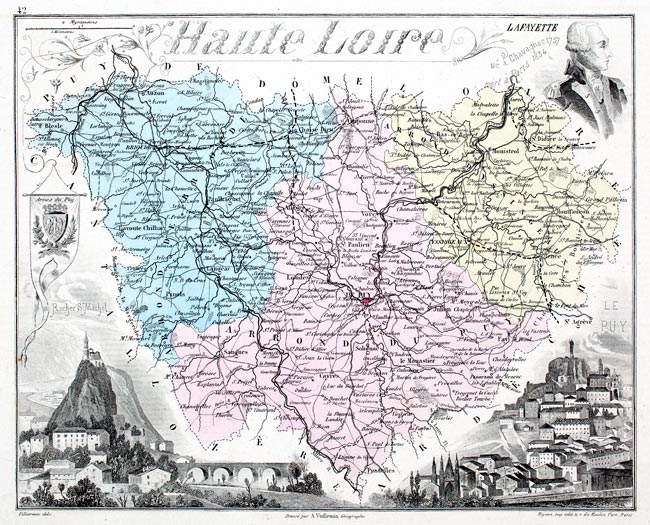 Carte du département de la 
Haute Loire en 1883 - gravure reproduite et restaurée numériquement par © Norbert Pousseur