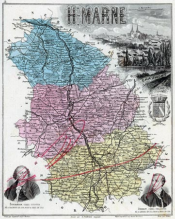 Carte du département de Haute Marne en 1883 - gravure reproduite et restaurée numériquement par © Norbert Pousseur