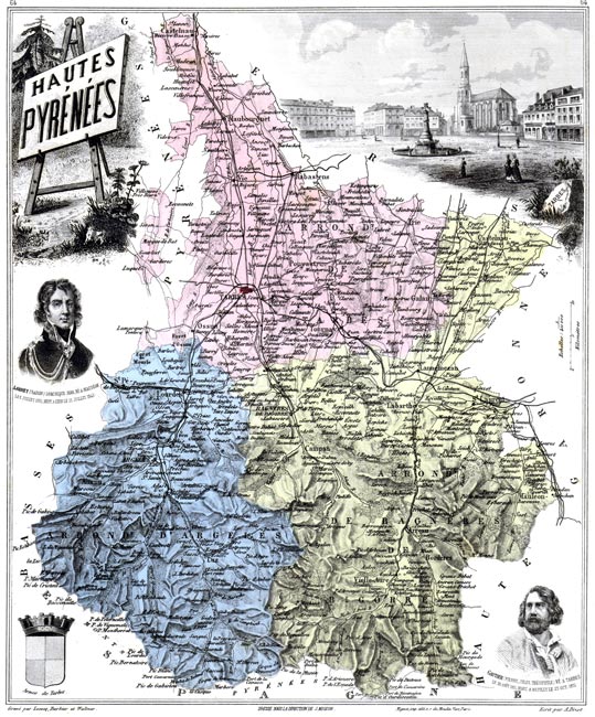 carte du département des Hautes Pyrénées de 1883 - gravure reproduite et restaurée numériquement par © Norbert Pousseur