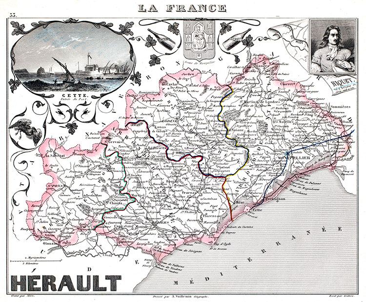 Carte du département de l'Hérault en 1851 - gravure reproduite et restaurée numériquement par © Norbert Pousseur