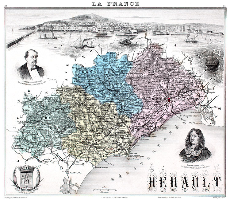 Carte du département de l'Hérault en 1883 - gravure reproduite et restaurée numériquement par © Norbert Pousseur