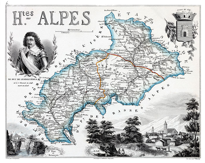 Carte des Hautes-Alpes des 1851 - gravure reproduite et restaurée numériquement par © Norbert Pousseur