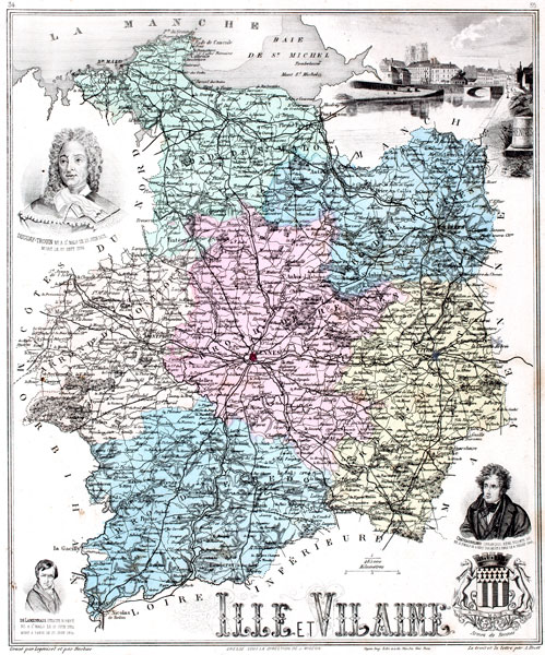 Carte du département de l'Ile et Vilaine en 1883 - gravure reproduite et restaurée numériquement par © Norbert Pousseur