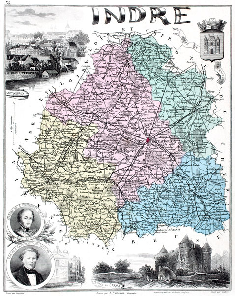 Carte du département de l'Indre en 1883 - gravure reproduite et restaurée numériquement par © Norbert Pousseur