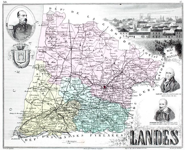 Carte du département des Landes en 1883 - gravure reproduite et restaurée numériquement par © Norbert Pousseur