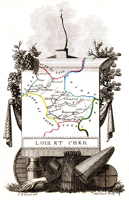Carte succinte de Loir et Cher vers 1830 - gravure reproduite et restaurée numériquement par © Norbert Pousseur
