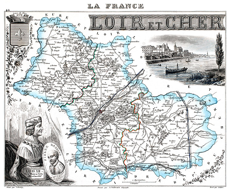 Carte du département de Loir et Cher en 1851 - gravure reproduite et restaurée numériquement par © Norbert Pousseur