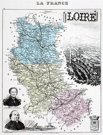 Carte du département de la Loire de Vuillemin - édition 1883 - gravure reproduite et restaurée numériquement par © Norbert Pousseur