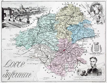 Carte du département de la Loire Inférieure en 1883 - gravure reproduite et restaurée numériquement par © Norbert Pousseur