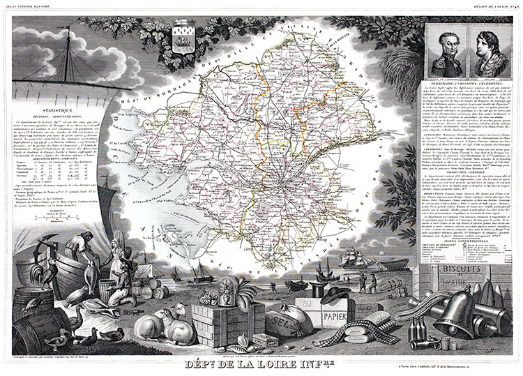 Carte par Levasseur de Loire inférieure en 1847 - gravure reproduite et restaurée numériquement par © Norbert Pousseur