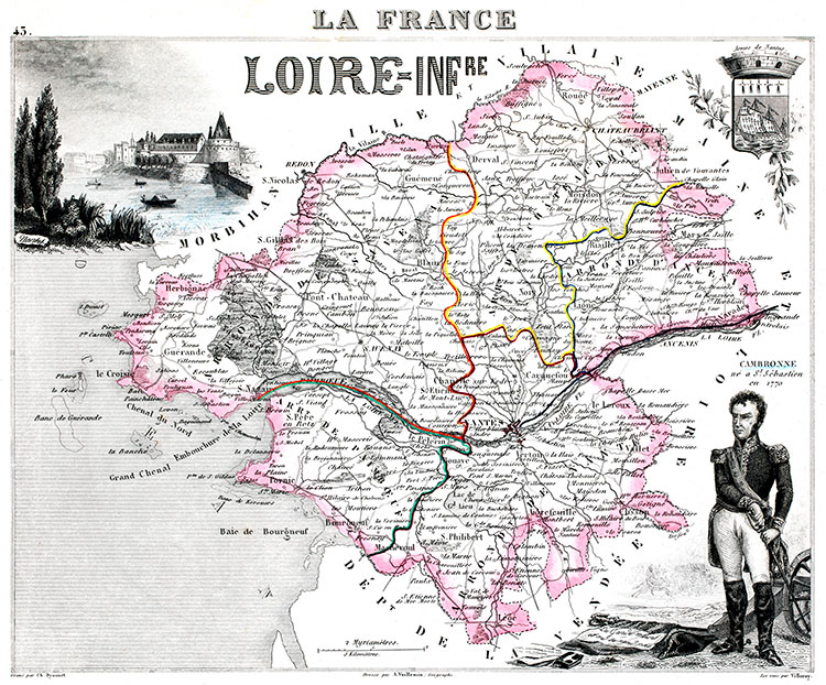 Carte du département de Loire inférieure en 1851 - gravure reproduite et restaurée numériquement par © Norbert Pousseur