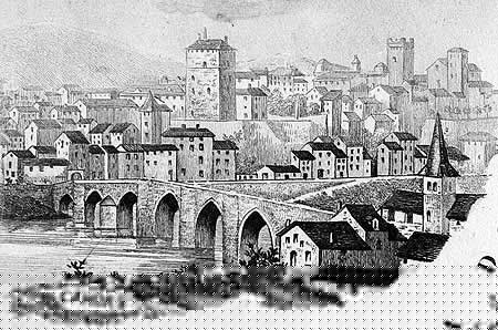 Gravure de la ville de Cahors, en 1883 - gravure reproduite et restaurée numériquement par © Norbert Pousseur