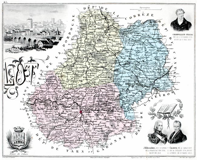 Carte du département du Lot en 1883 - gravure reproduite et restaurée numériquement par © Norbert Pousseur