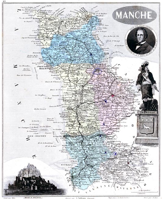 Carte du département de la 
Manche en 1883 - gravure reproduite et restaurée numériquement par © Norbert Pousseur