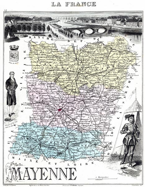 Réédition de gravure ancienne carte région département français la Mayenne 