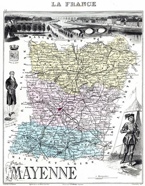 Carte du département de la Mayenne en 1883 - gravure reproduite et restaurée numériquement par © Norbert Pousseur