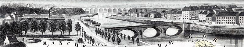 Gravure de la ville de Laval, en 1883 - gravure reproduite et restaurée numériquement par © Norbert Pousseur