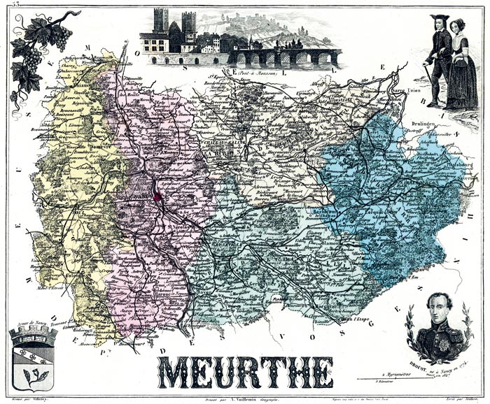 Carte du département de la Meurthe avant 1870 - gravure reproduite et restaurée numériquement par © Norbert Pousseur