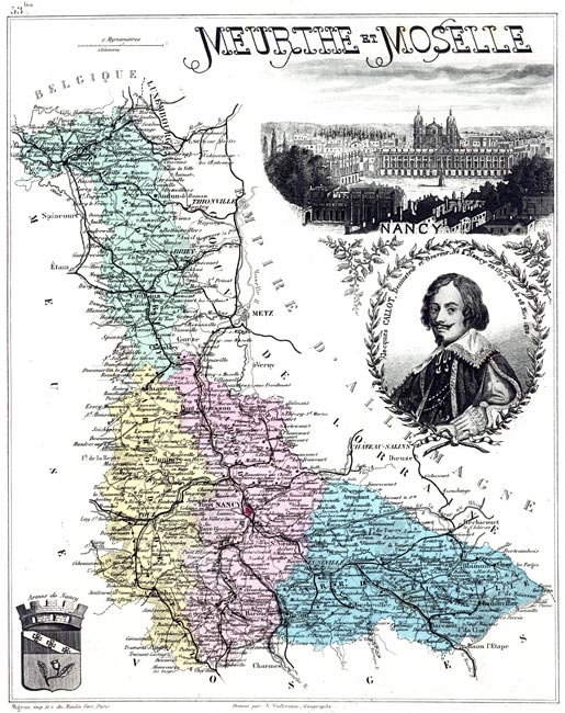 Carte du département de la Meurthe et Moselle en 1883 - gravure reproduite et restaurée numériquement par © Norbert Pousseur