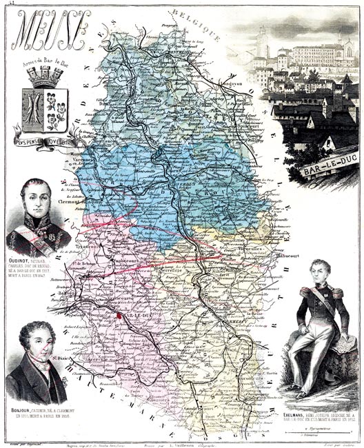 Carte du département de la Meuse en 1883 - gravure reproduite et restaurée numériquement par © Norbert Pousseur