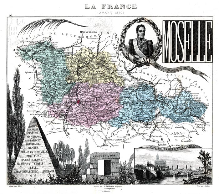 Carte du département de la Moselle en 1815 - gravure reproduite et restaurée numériquement par © Norbert Pousseur