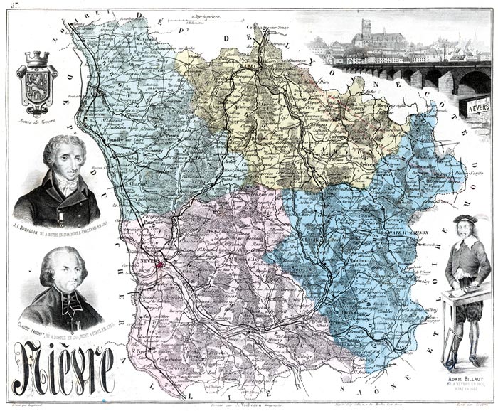 Carte du département de la Nièvre en 1883 - gravure reproduite et restaurée numériquement par © Norbert Pousseur