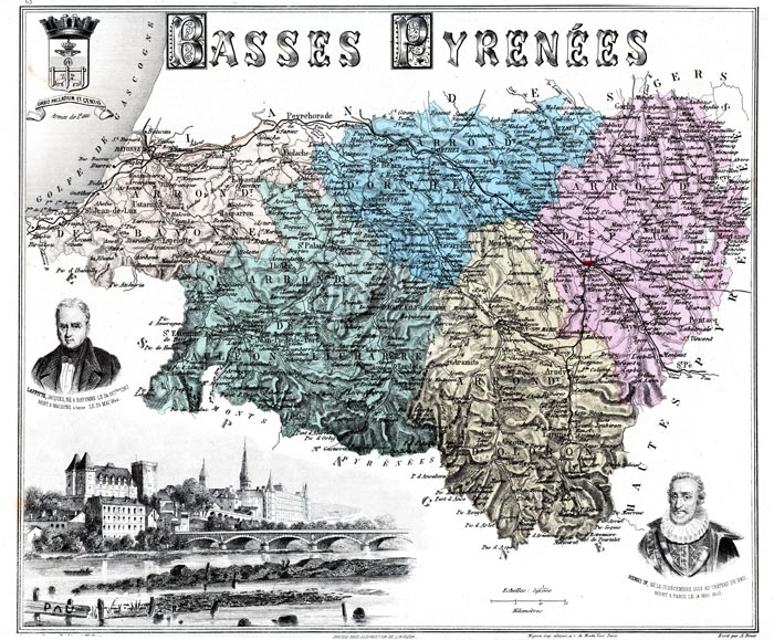 carte Département des Basses Pyrénées en 1883 de Vuillemin - reproduction © Norbert Pousseur