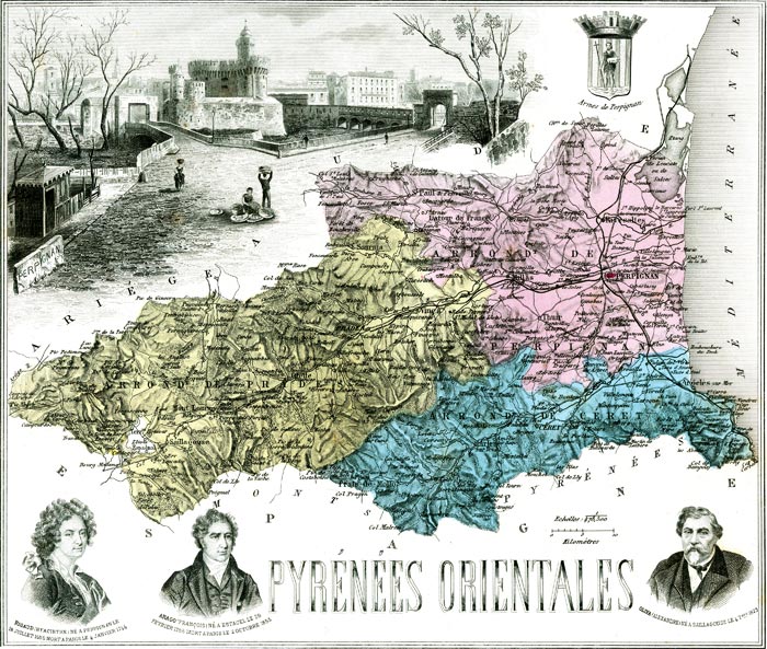 carte Département des Pyrénées orientales en 1883 de Vuillemin - gravure reproduite et restaurée numériquement par © Norbert Pousseur