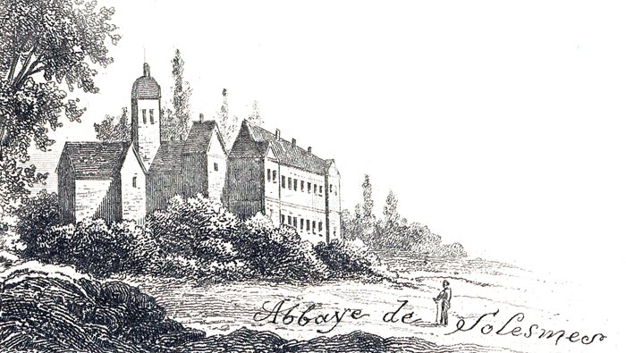 Gravure de l'Abbaye de Solesmes, en 1883, gravure reproduite et restaurée numériquement par © Norbert Pousseur