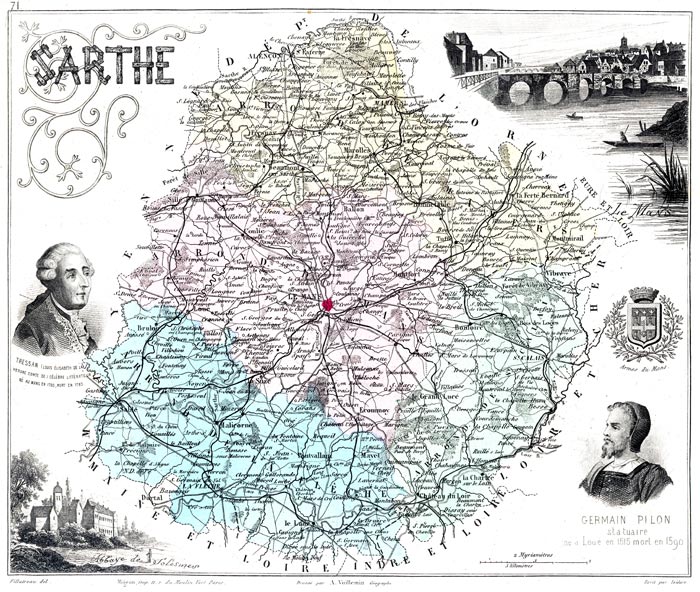 Carte de la Sarthe en 1883 de Vuillemin, gravure reproduite et restaurée numériquement par © Norbert Pousseur