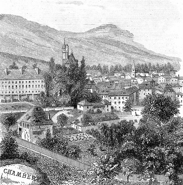 Gravure de la ville de Chambéry, en 1883, gravure reproduite et restaurée numériquement par © Norbert Pousseur