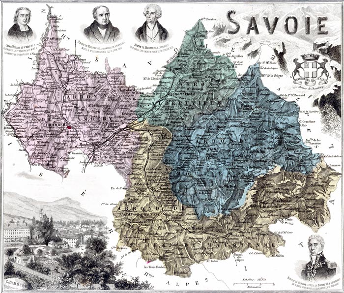 Carte de la Savoie en 1883 de Vuillemin, gravure reproduite et restaurée numériquement par © Norbert Pousseur