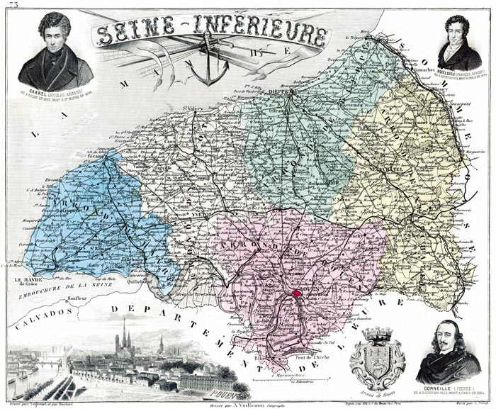 Carte de la Seine Maritime en 1883 de Vuillemin, gravure reproduite et restaurée numériquement par © Norbert Pousseur