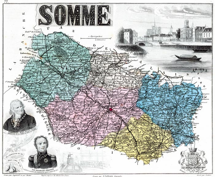 Carte du département de la Somme en 1883 - gravure reproduite et restaurée numériquement par © Norbert Pousseur