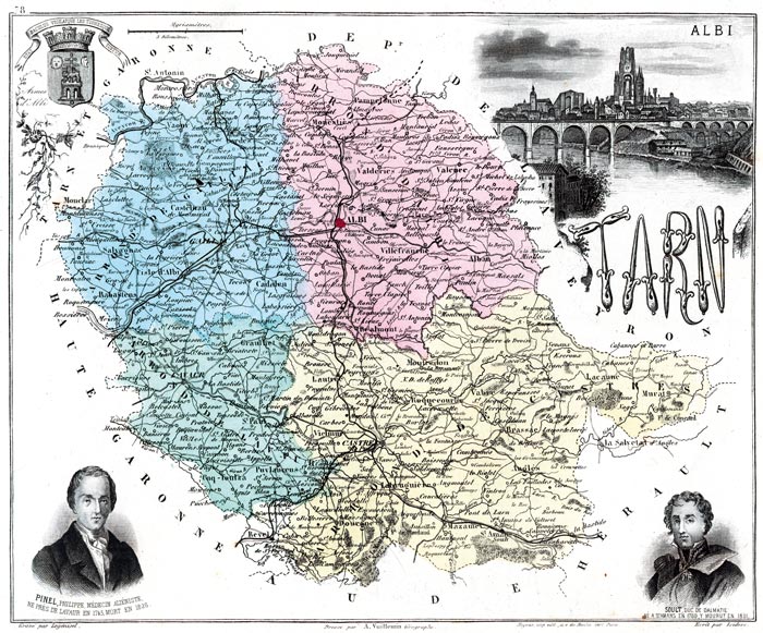 Carte du département du Tarn en 1883 - gravure reproduite et restaurée numériquement par © Norbert Pousseur